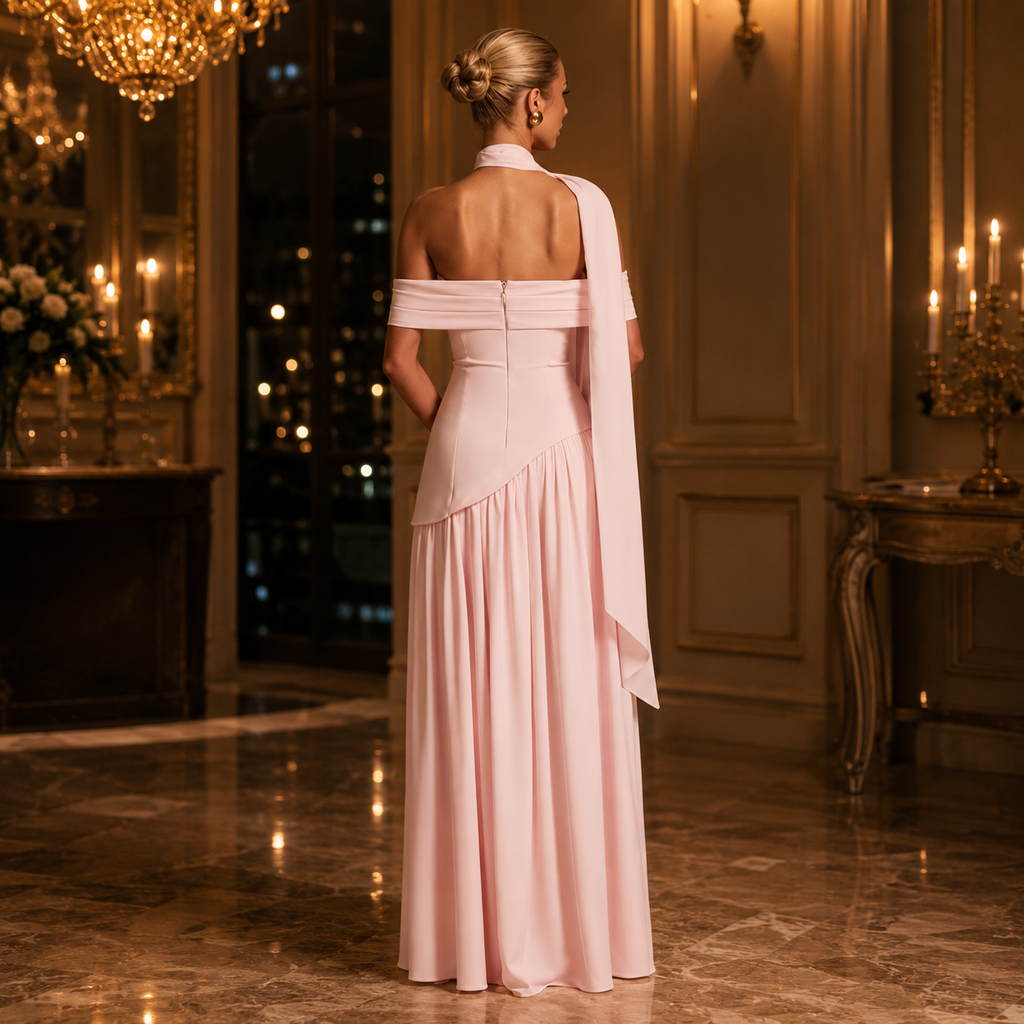 Emy-Robe longue corset épaules dénudées pour femme en mousseline rose poudré avec foulard de cou et fente haute