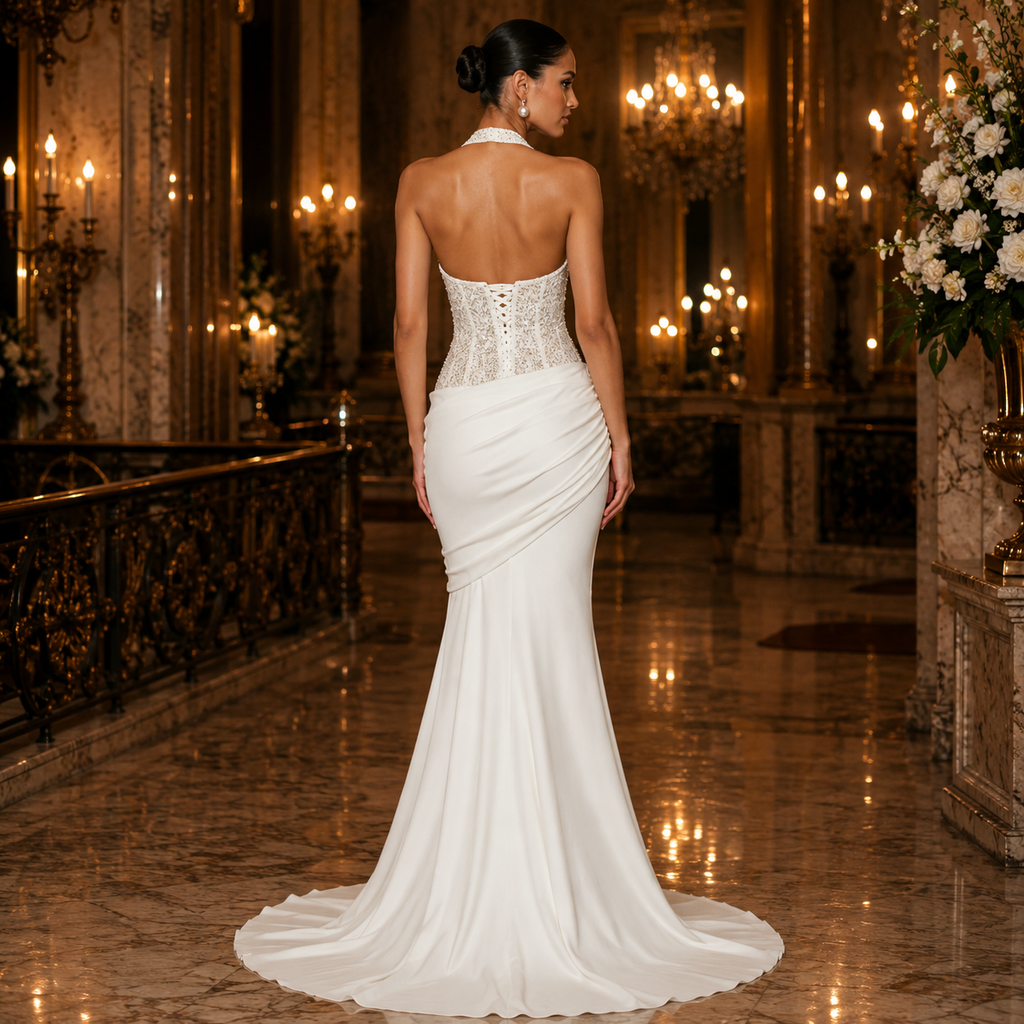 Aurélie - Robe sirène dos nu à sequins et col halter