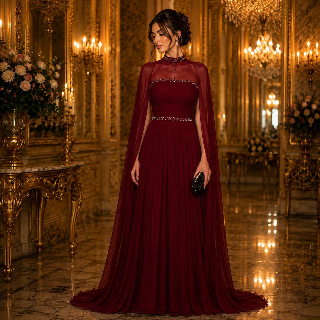 Héléna-Robe de Soirée Princesse à Cape Fluide Jaune Soleil