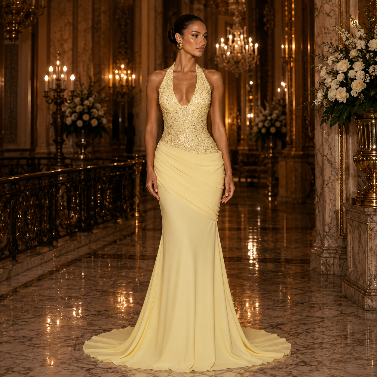 Aurélie - Robe sirène dos nu à sequins et col halter