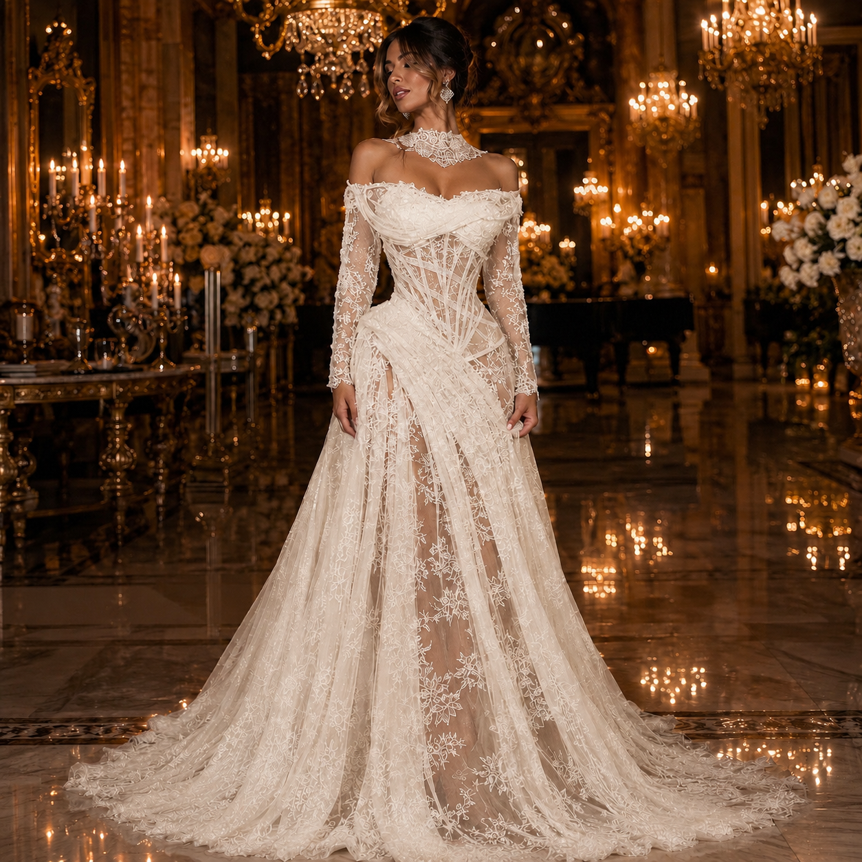 Élina - Robe de Mariée Princesse en Dentelle et Corset Épaules Dénudées