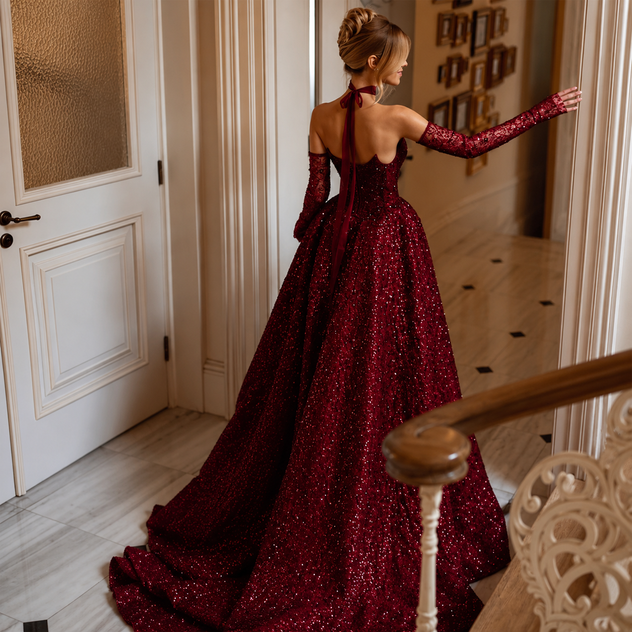 vita-Robes de soirée bordeaux à sequins et perles