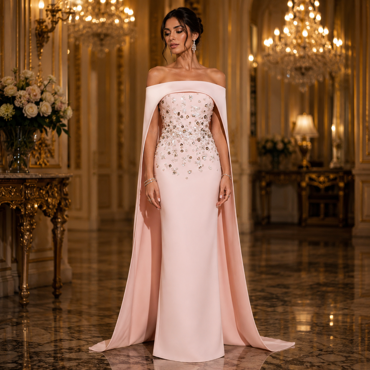 Rosita-Robe de Soirée Sirène à Cape Épaules Dénudées et Broderies Perlées