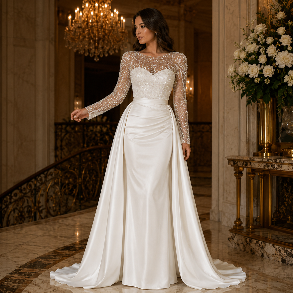 fredda-Robe de soirée longue glamour à sequins et manches transparentes
