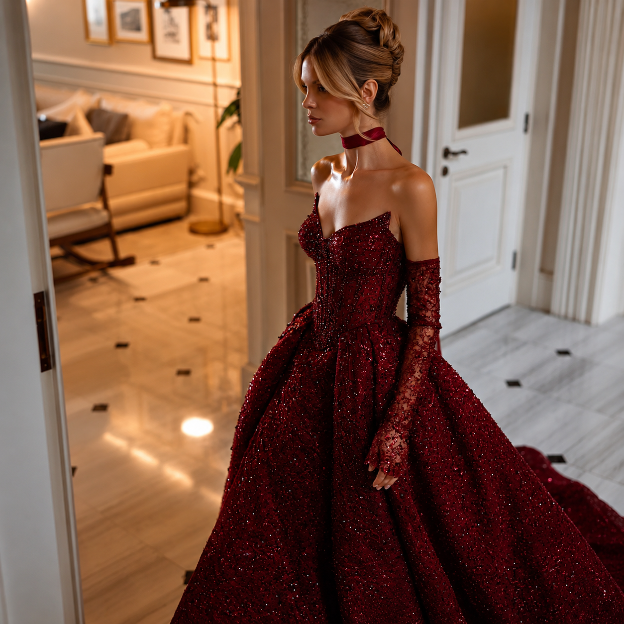 vita-Robes de soirée bordeaux à sequins et perles