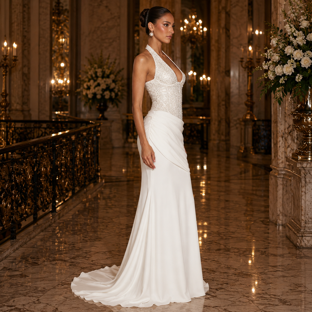 Aurélie - Robe sirène dos nu à sequins et col halter