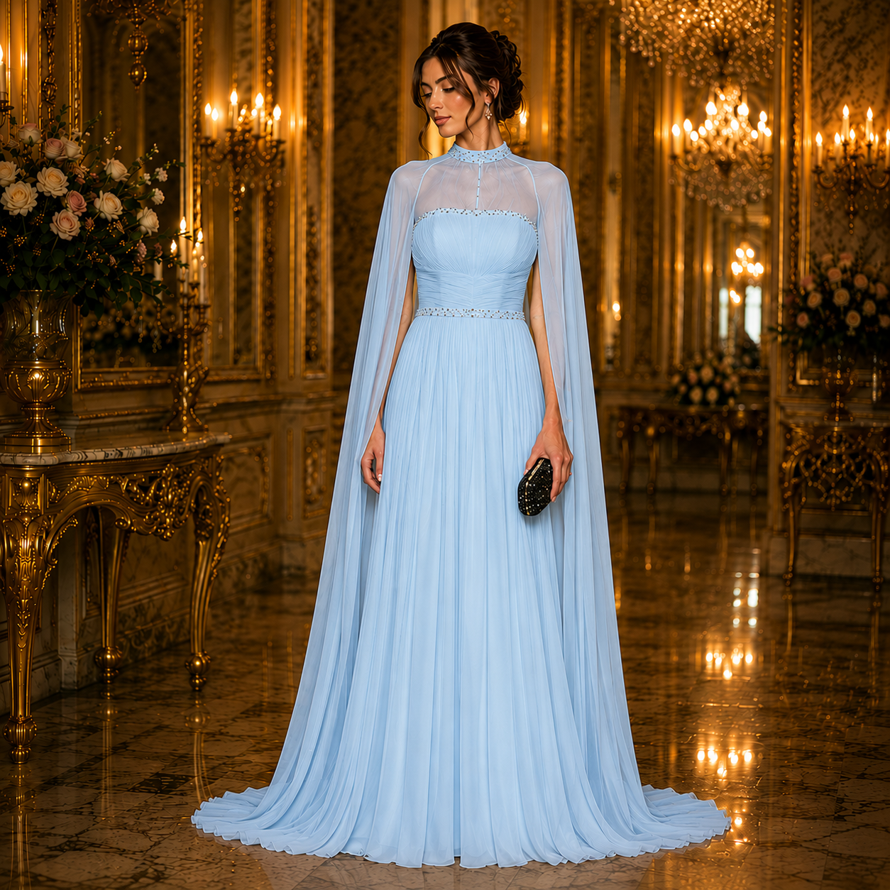 Héléna-Robe de Soirée Princesse à Cape Fluide Jaune Soleil