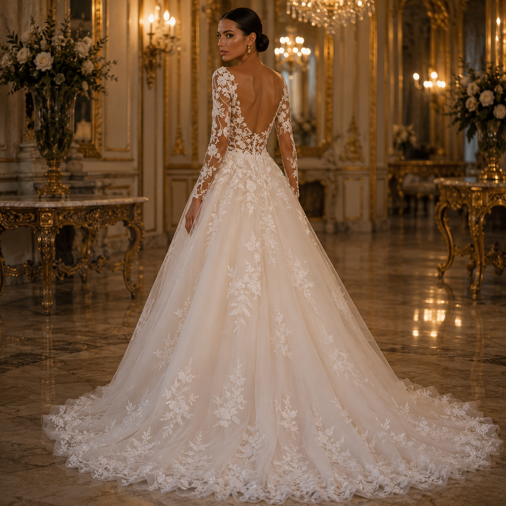 Camille – Robe de Mariée Princesse en Dentelle Col Montant