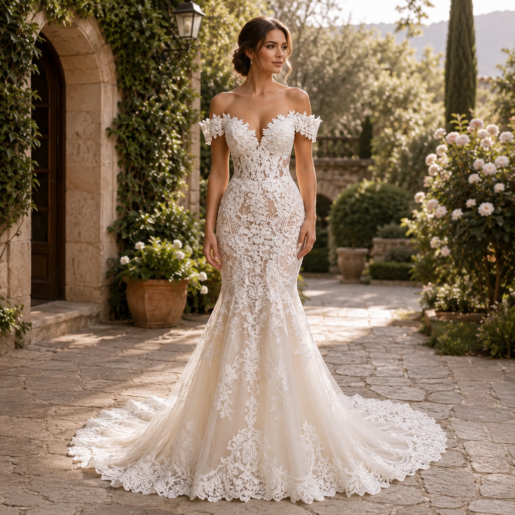 Rosalie – Robe de Mariée Sirène Dentelle 3D et Perles
