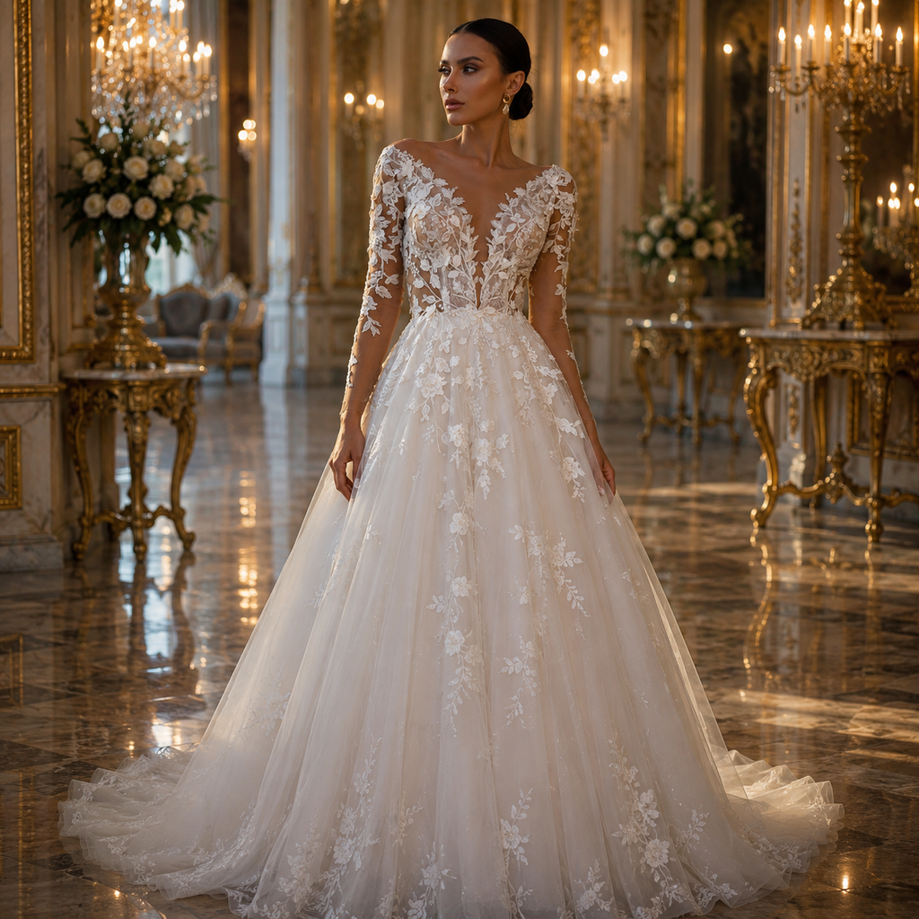 Camille – Robe de Mariée Princesse en Dentelle Col Montant