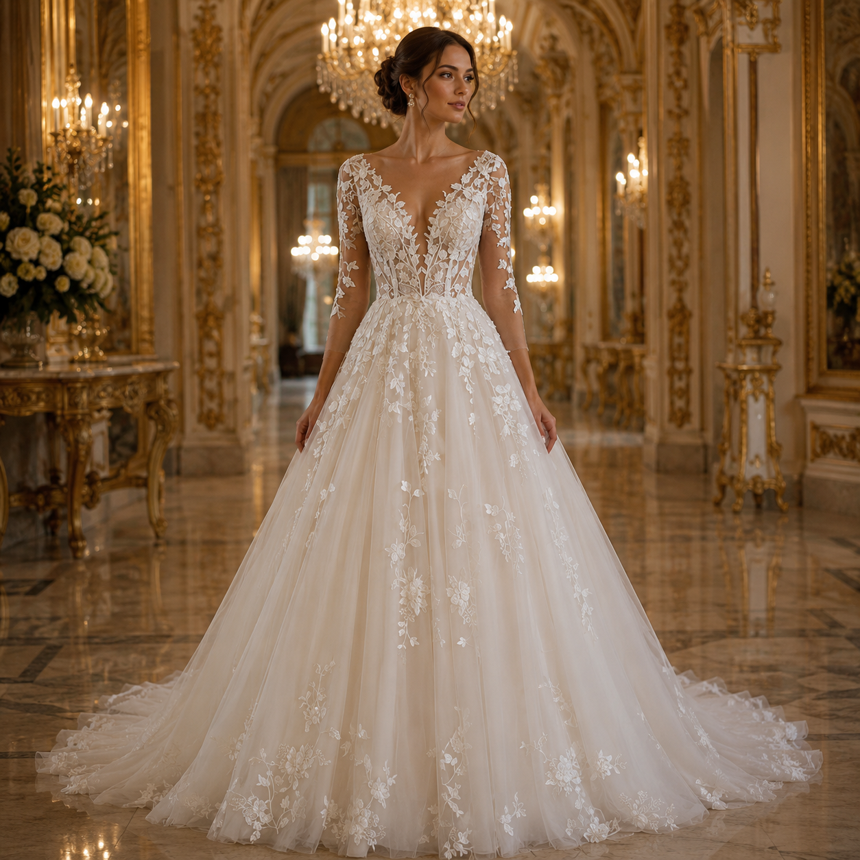 Camille – Robe de Mariée Princesse en Dentelle Col Montant