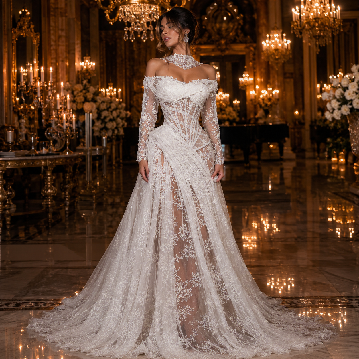Élina - Robe de Mariée Princesse en Dentelle et Corset Épaules Dénudées