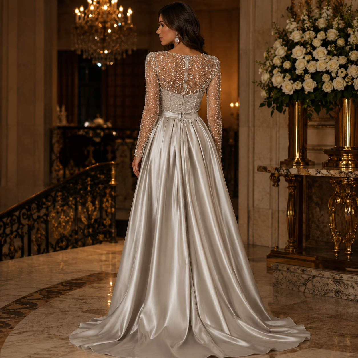 fredda-Robe de soirée longue glamour à sequins et manches transparentes
