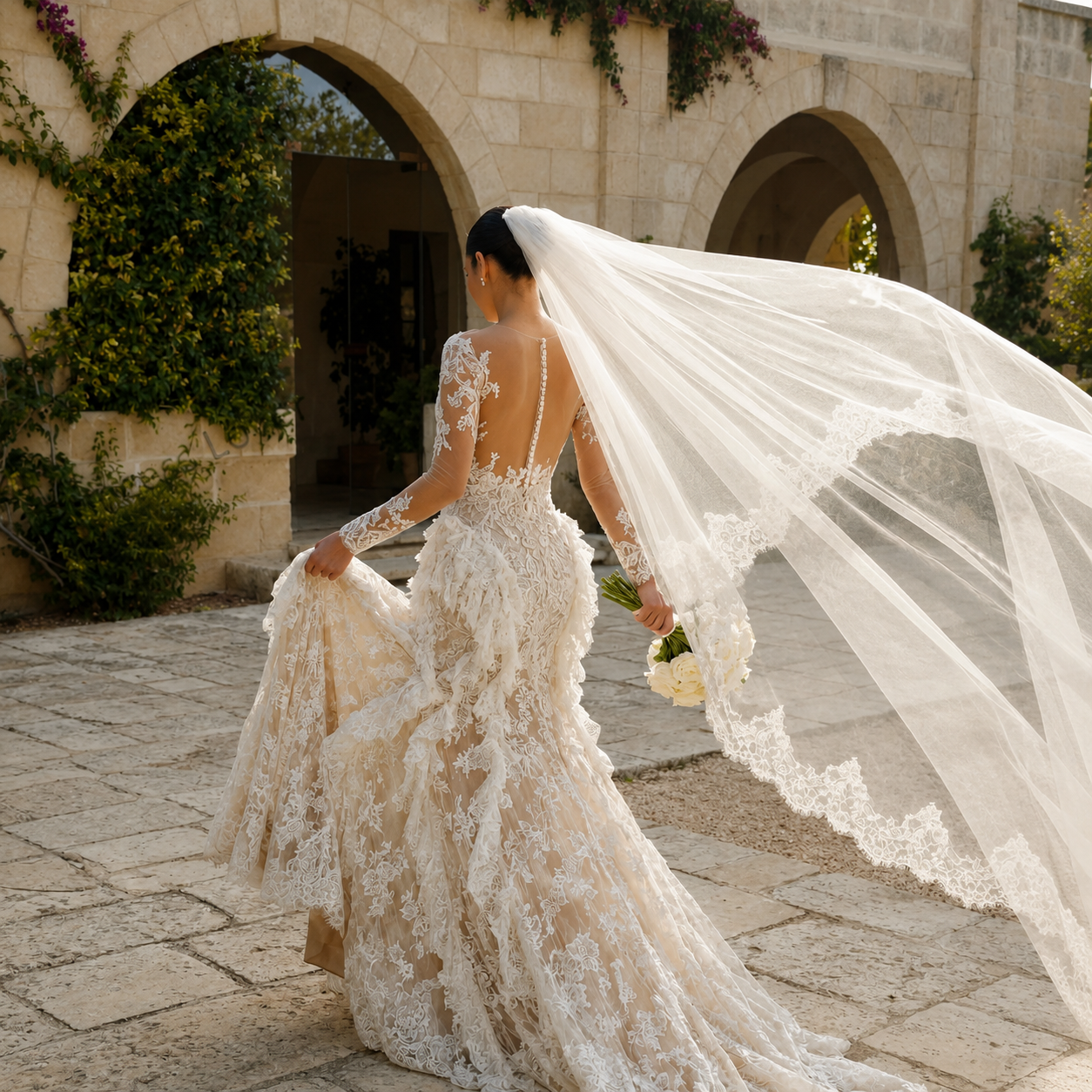 Bohème-Robe de Mariée Sirène Dentelle Luxe à Manches Longues