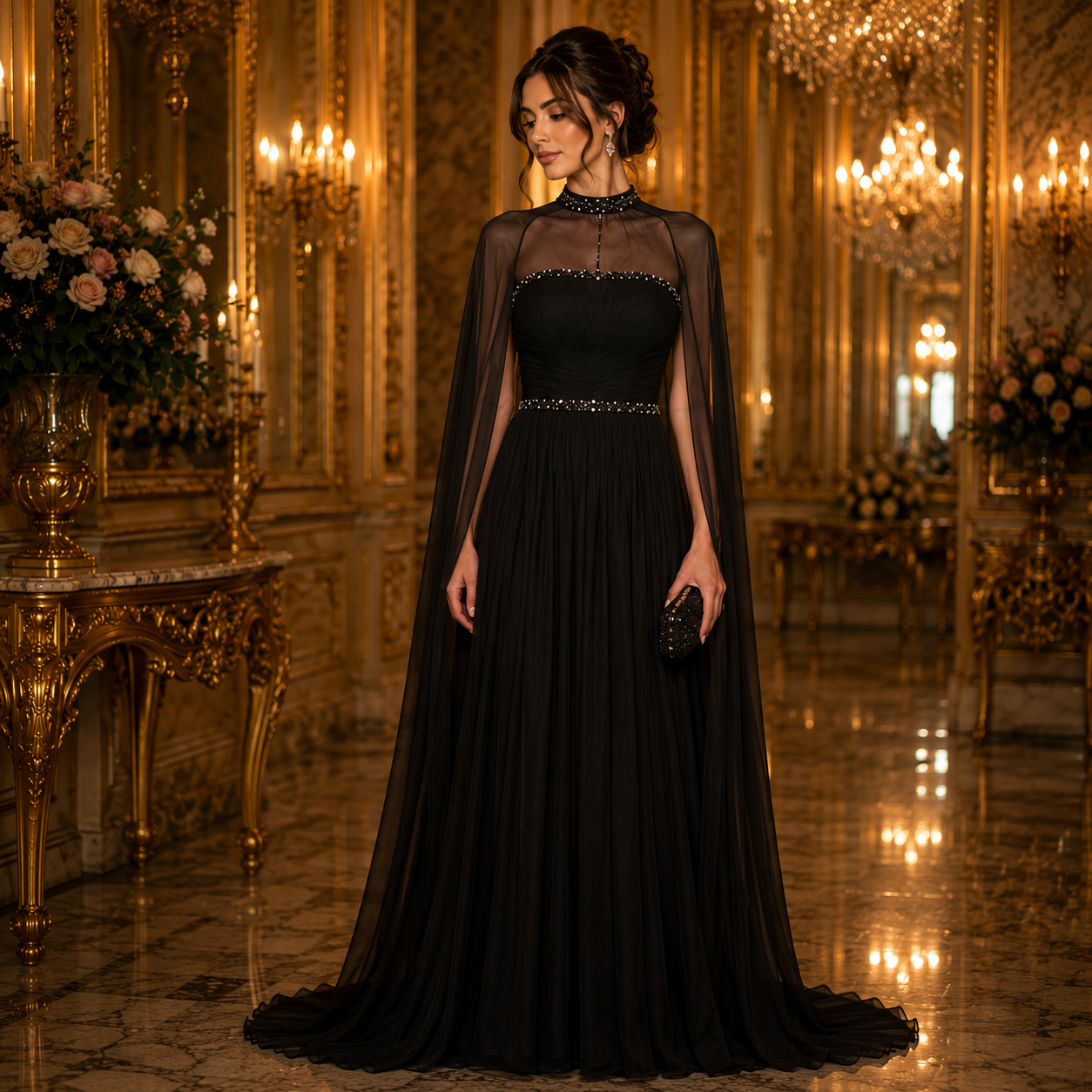 Héléna-Robe de Soirée Princesse à Cape Fluide Jaune Soleil