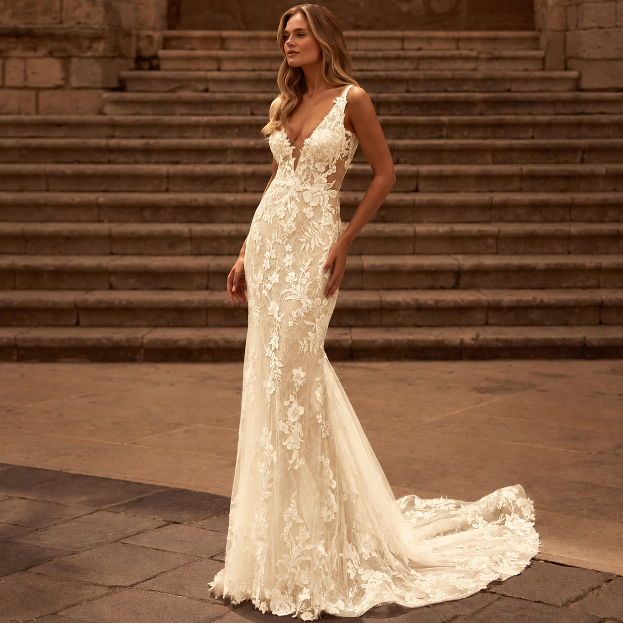 Amélia – Robe de mariée sirène en tulle brodé à traîne