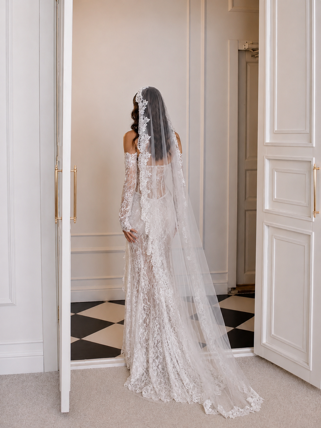 Deva-Robe de mariée sirène en dentelle à épaules dénudées avec manches longues