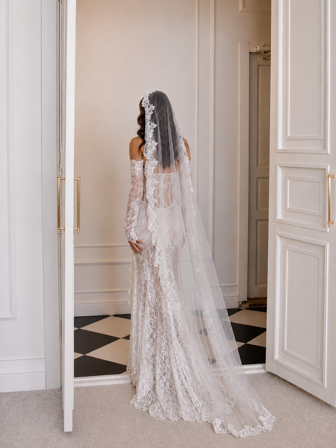 Deva-Robe de mariée sirène en dentelle à épaules dénudées avec manches longues