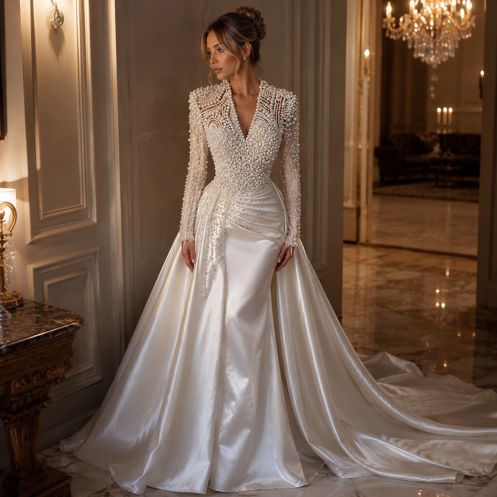 Perlina-Robe de mariée perlée à manches longues avec traine amovible