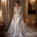 Perlina-Robe de mariée perlée à manches longues avec traine amovible