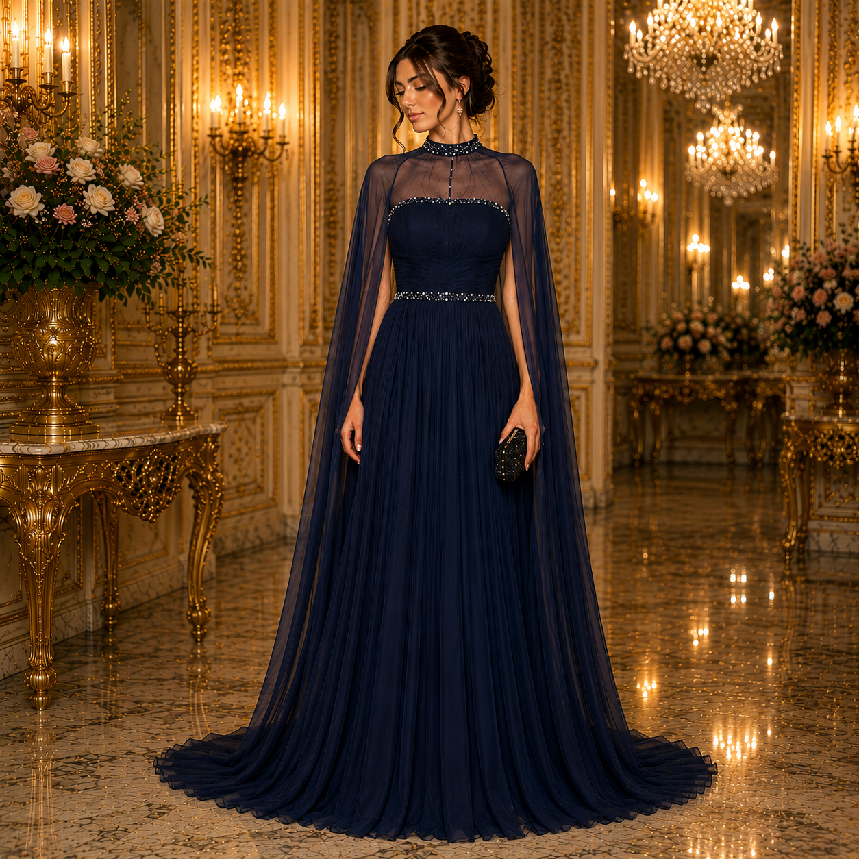 Héléna-Robe de Soirée Princesse à Cape Fluide Jaune Soleil