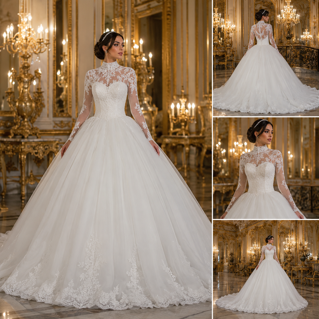 Redalie – Robe de Mariée Princesse en Dentelle à Col Montant