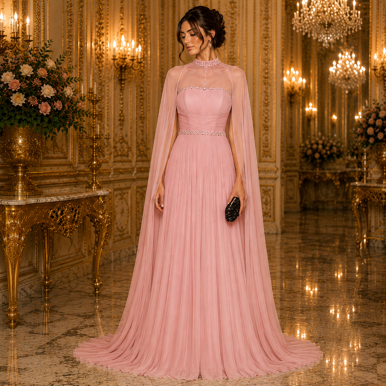 Héléna-Robe de Soirée Princesse à Cape Fluide Jaune Soleil