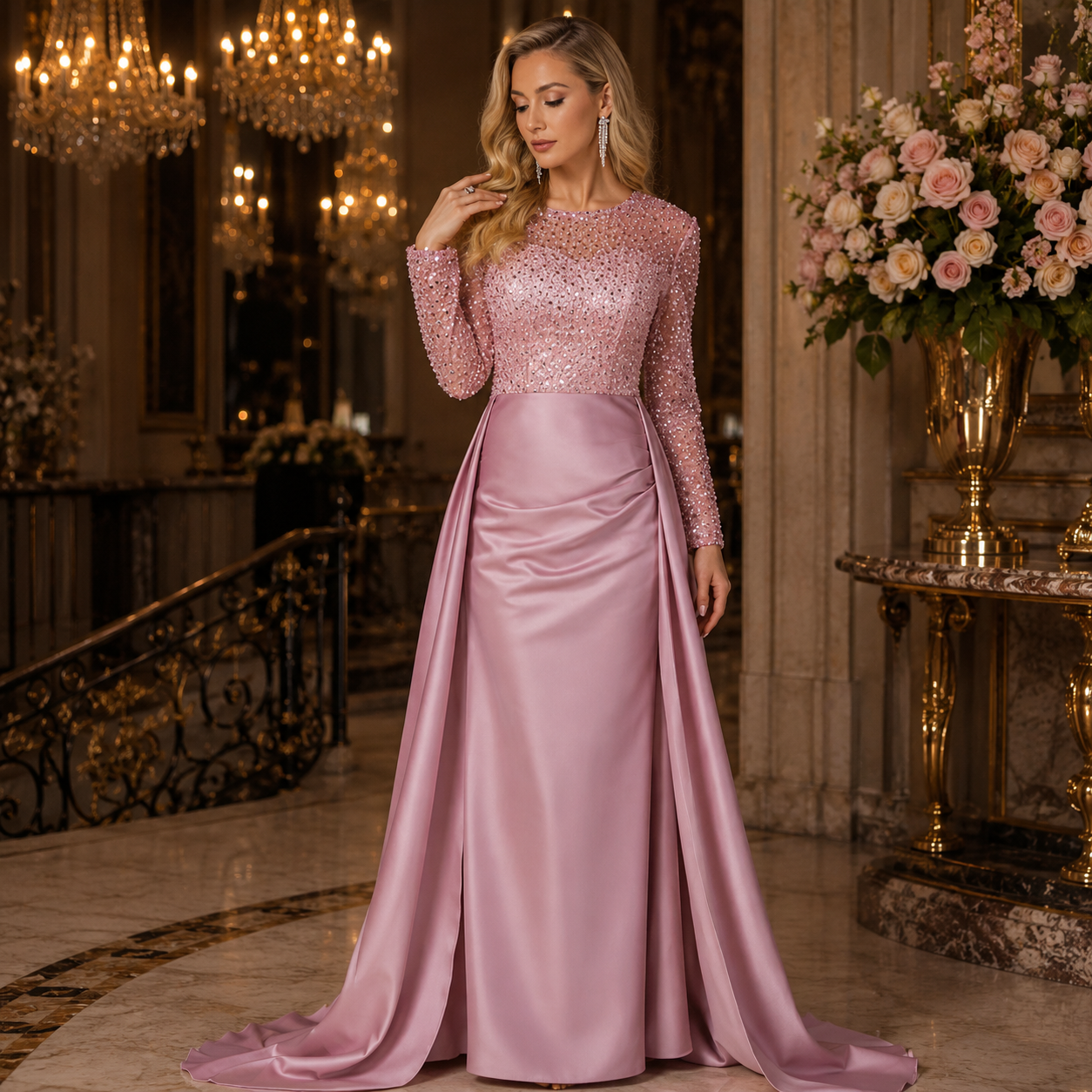 fredda-Robe de soirée longue glamour à sequins et manches transparentes