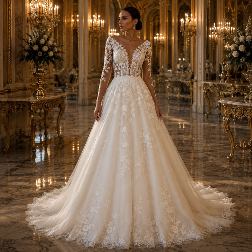 Camille – Robe de Mariée Princesse en Dentelle Col Montant
