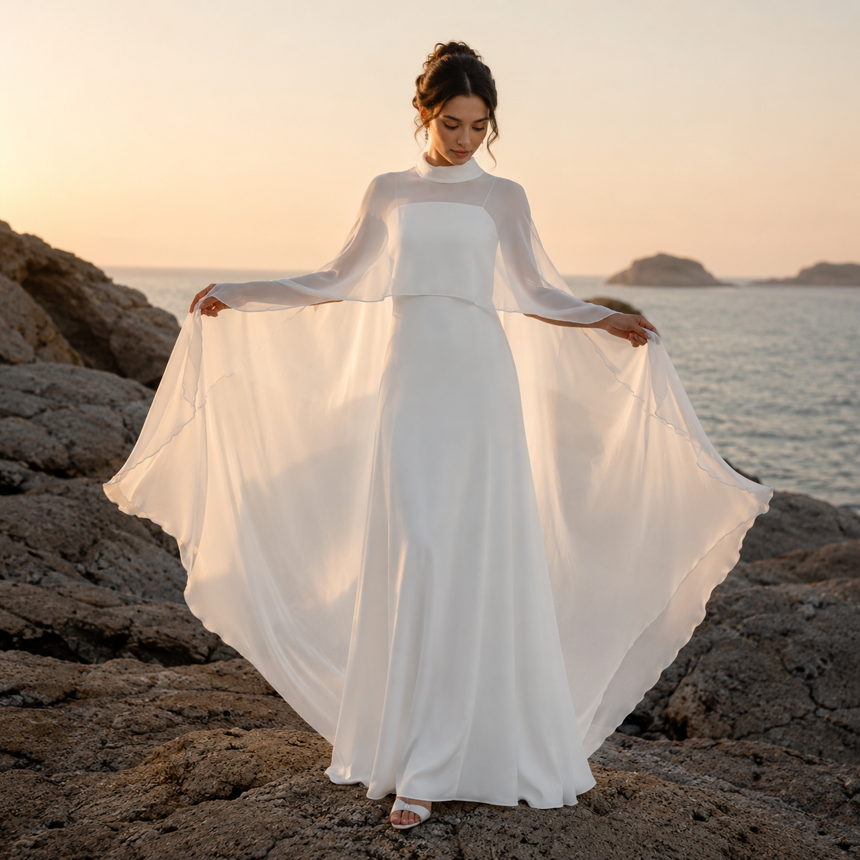 Robe de Soirée Satinée avec Cape Fluide Élégance Royale
