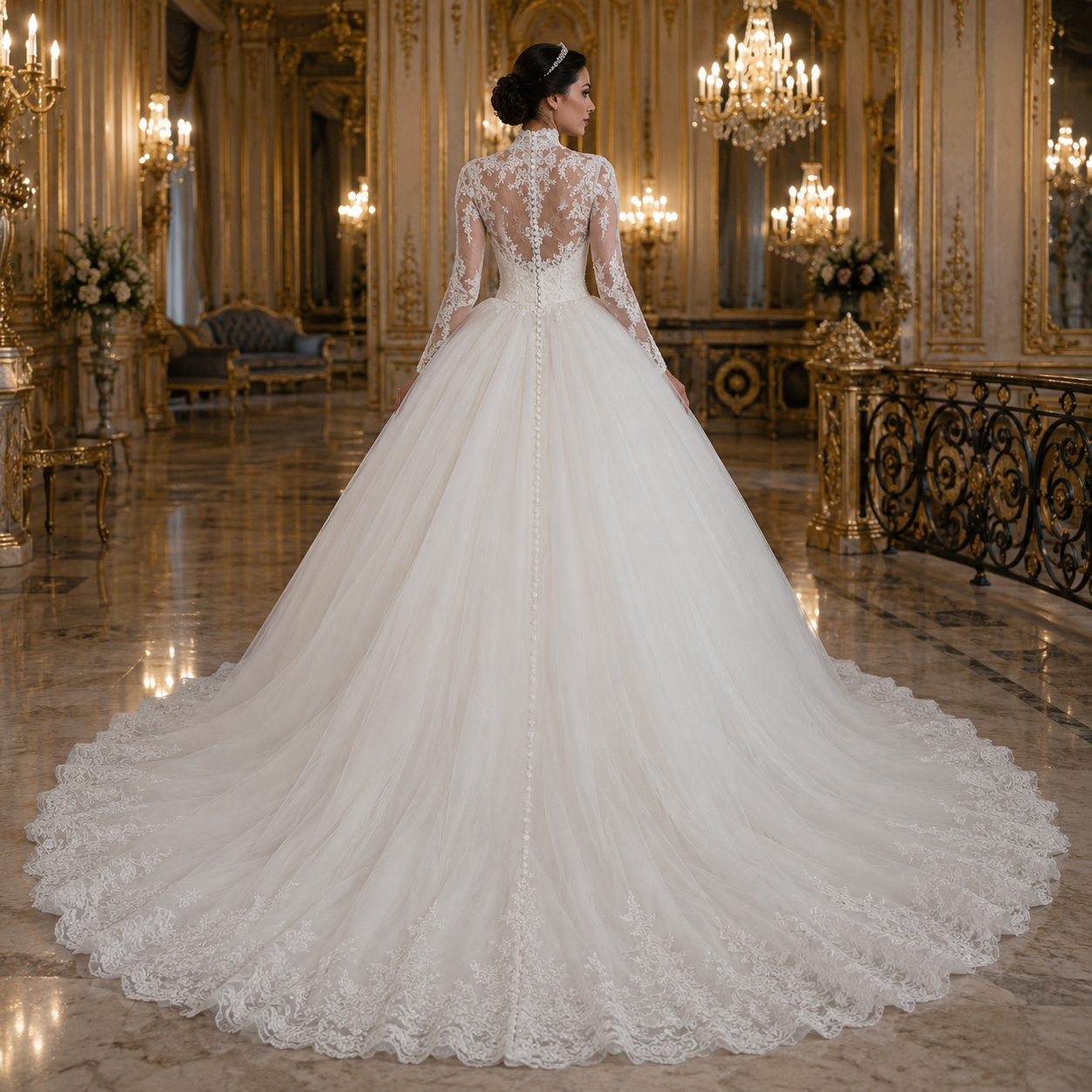 Redalie – Robe de Mariée Princesse en Dentelle à Col Montant