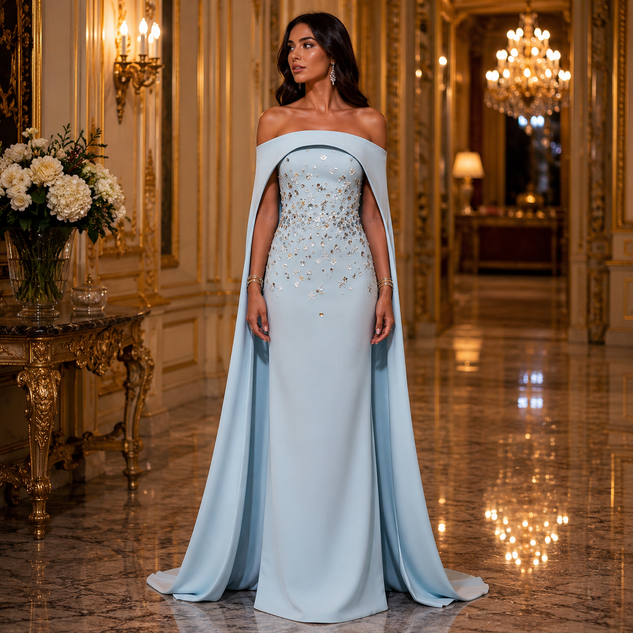 Rosita-Robe de Soirée Sirène à Cape Épaules Dénudées et Broderies Perlées