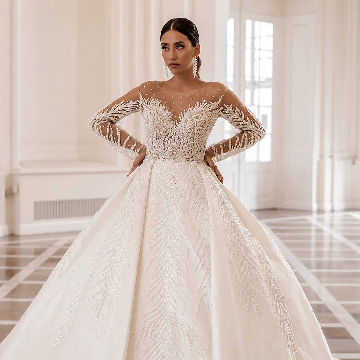 Aurore-Robe de mariée princesse en satin, dentelle et perles brodées