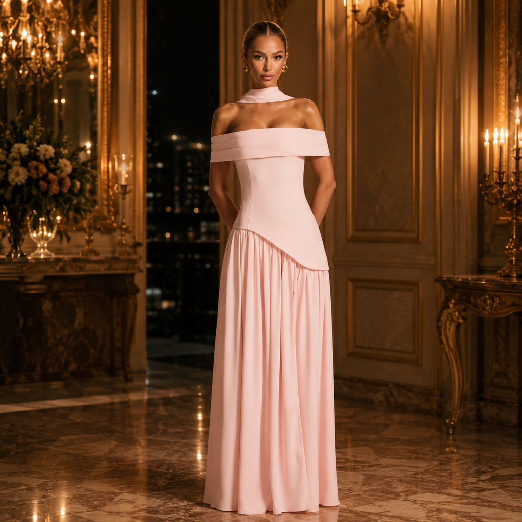 Emy-Robe longue corset épaules dénudées pour femme en mousseline rose poudré avec foulard de cou et fente haute