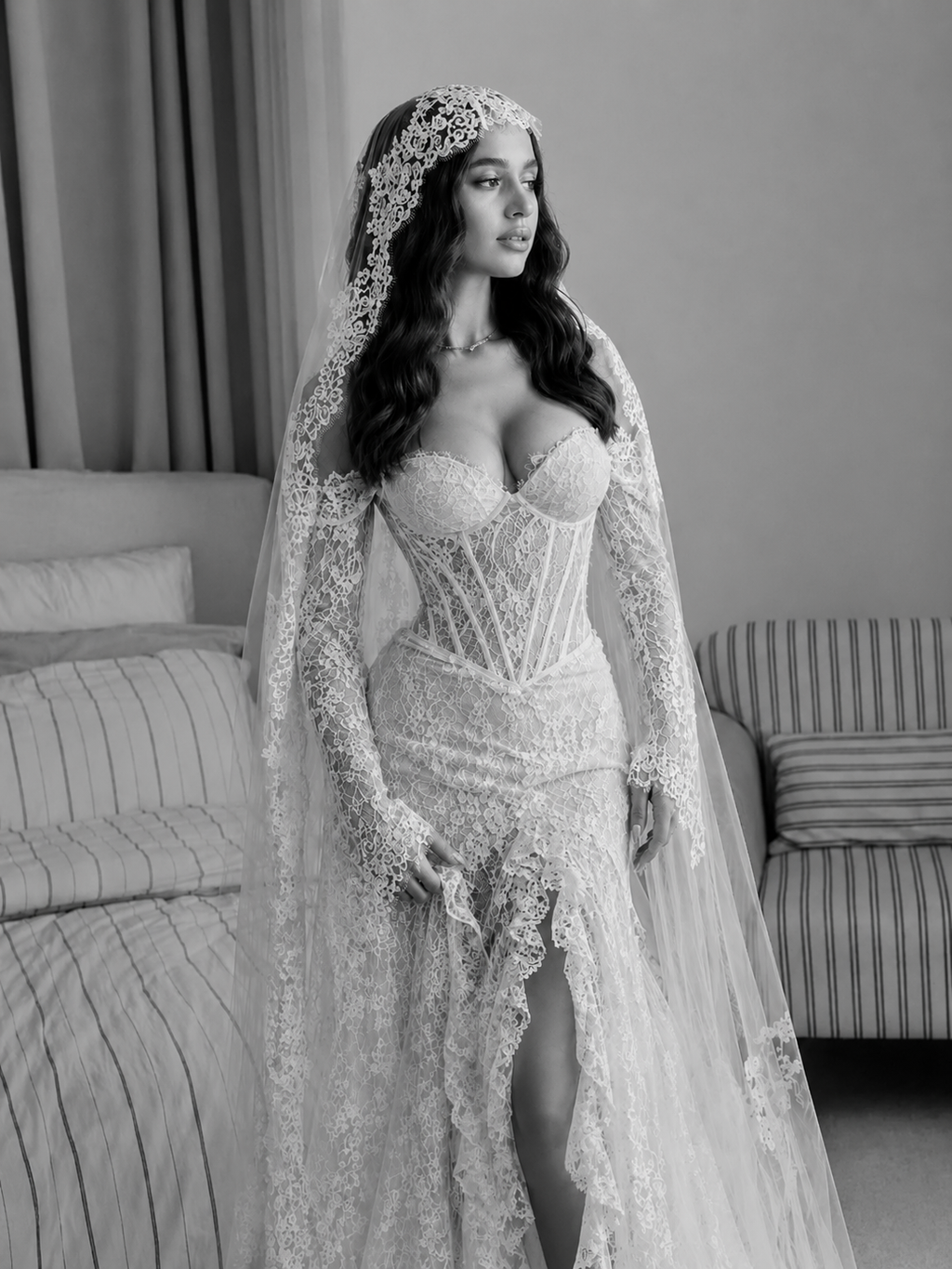 Deva-Robe de mariée sirène en dentelle à épaules dénudées avec manches longues
