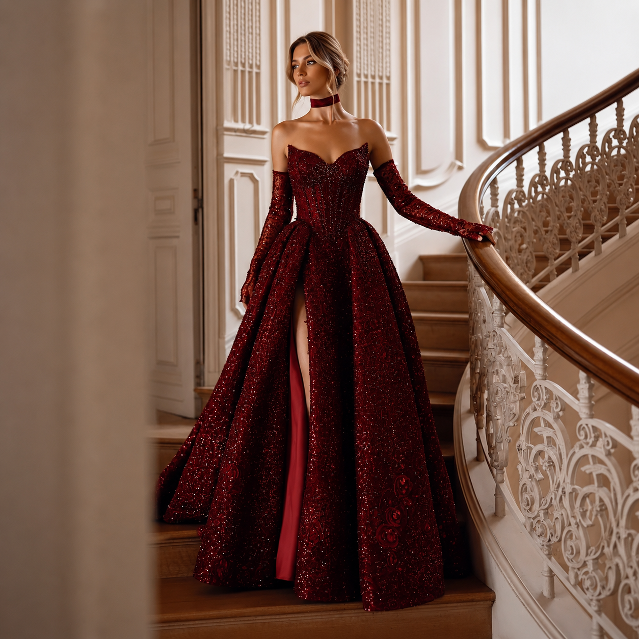 vita-Robes de soirée bordeaux à sequins et perles