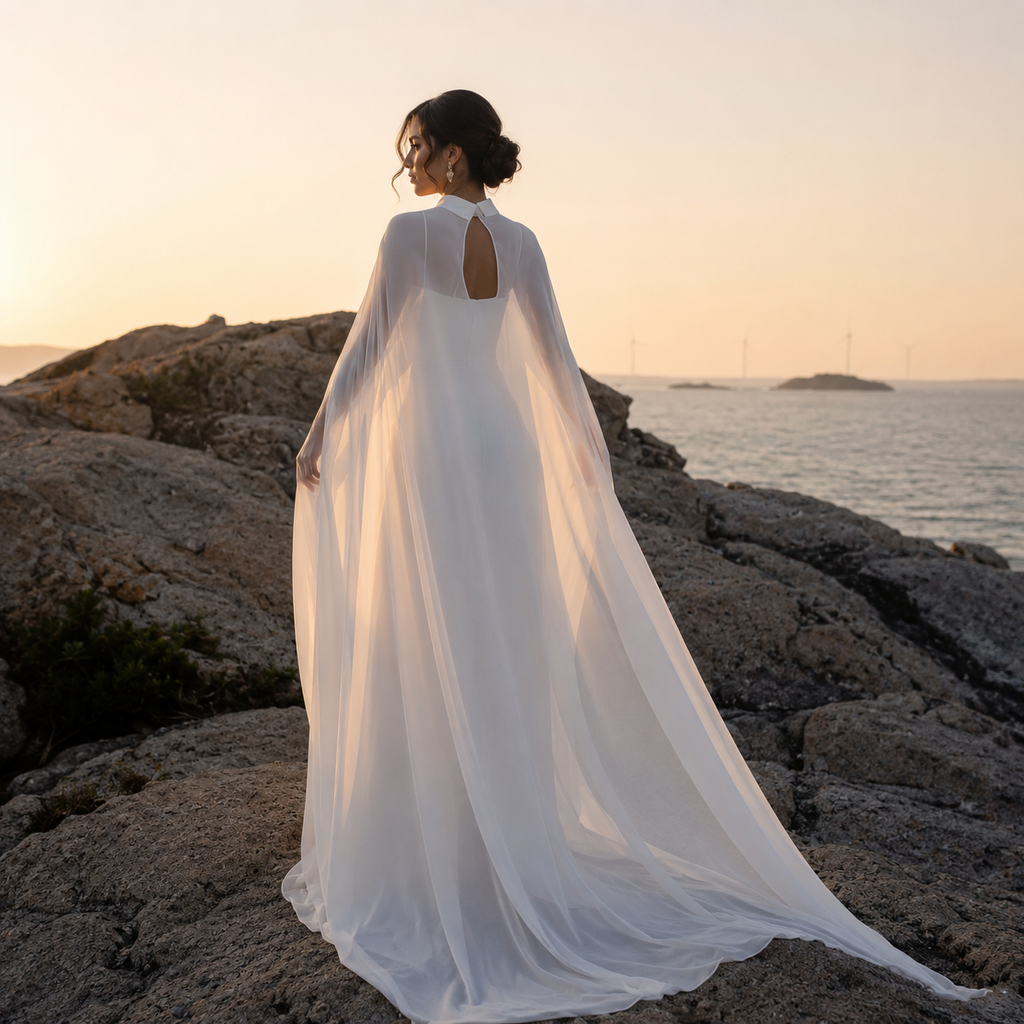 Robe de Soirée Satinée avec Cape Fluide Élégance Royale