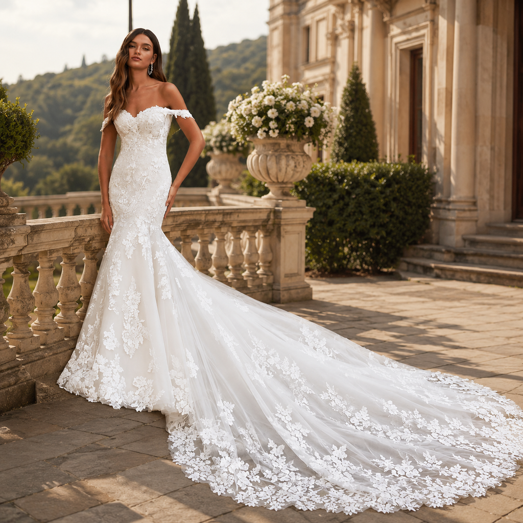 Élisa – Robe de mariée sirène à traîne en dentelle