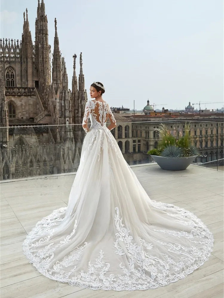 Clarita-Robe de mariée sirène avec traîne amovible et dentelle royale