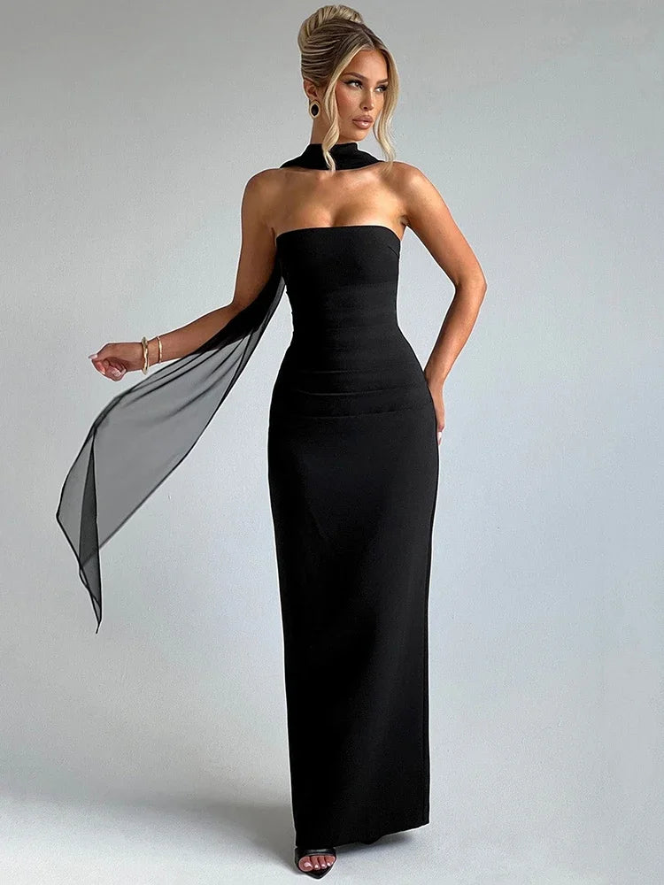 virginie-Robe Longue Élégance Écharpe Intégrée