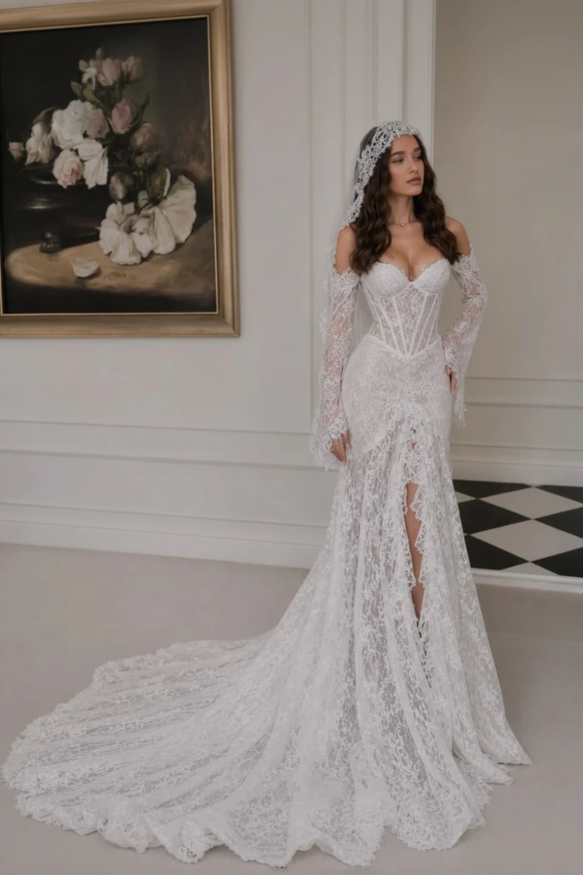 Deva-Robe de mariée sirène en dentelle à épaules dénudées avec manches longues