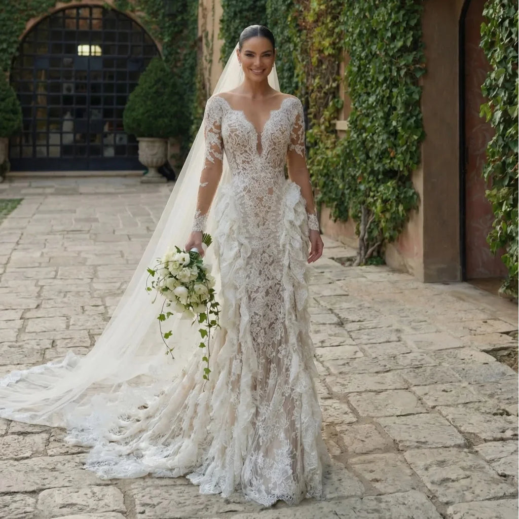 Bohème-Robe de Mariée Sirène Dentelle Luxe à Manches Longues