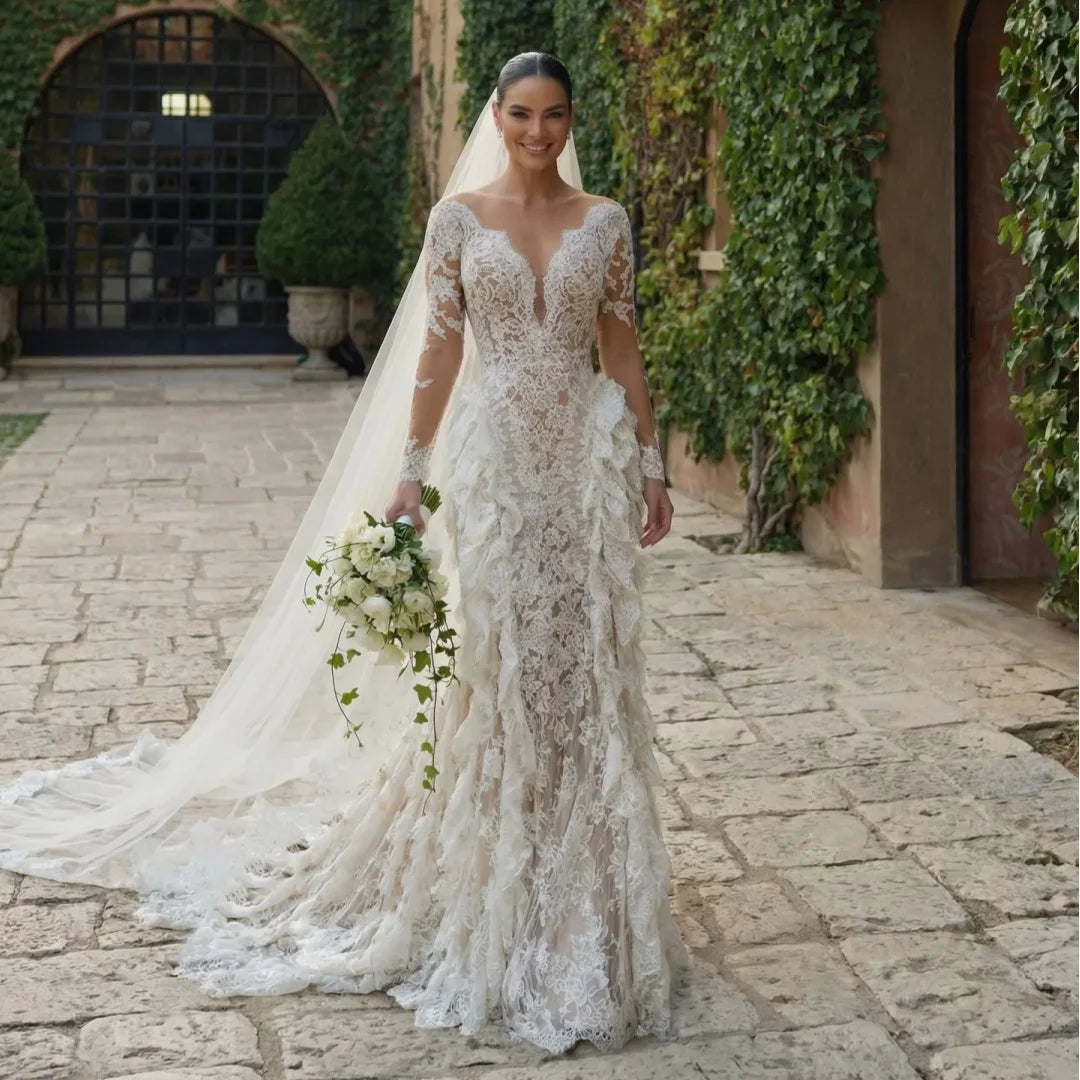 Bohème-Robe de Mariée Sirène Dentelle Luxe à Manches Longues