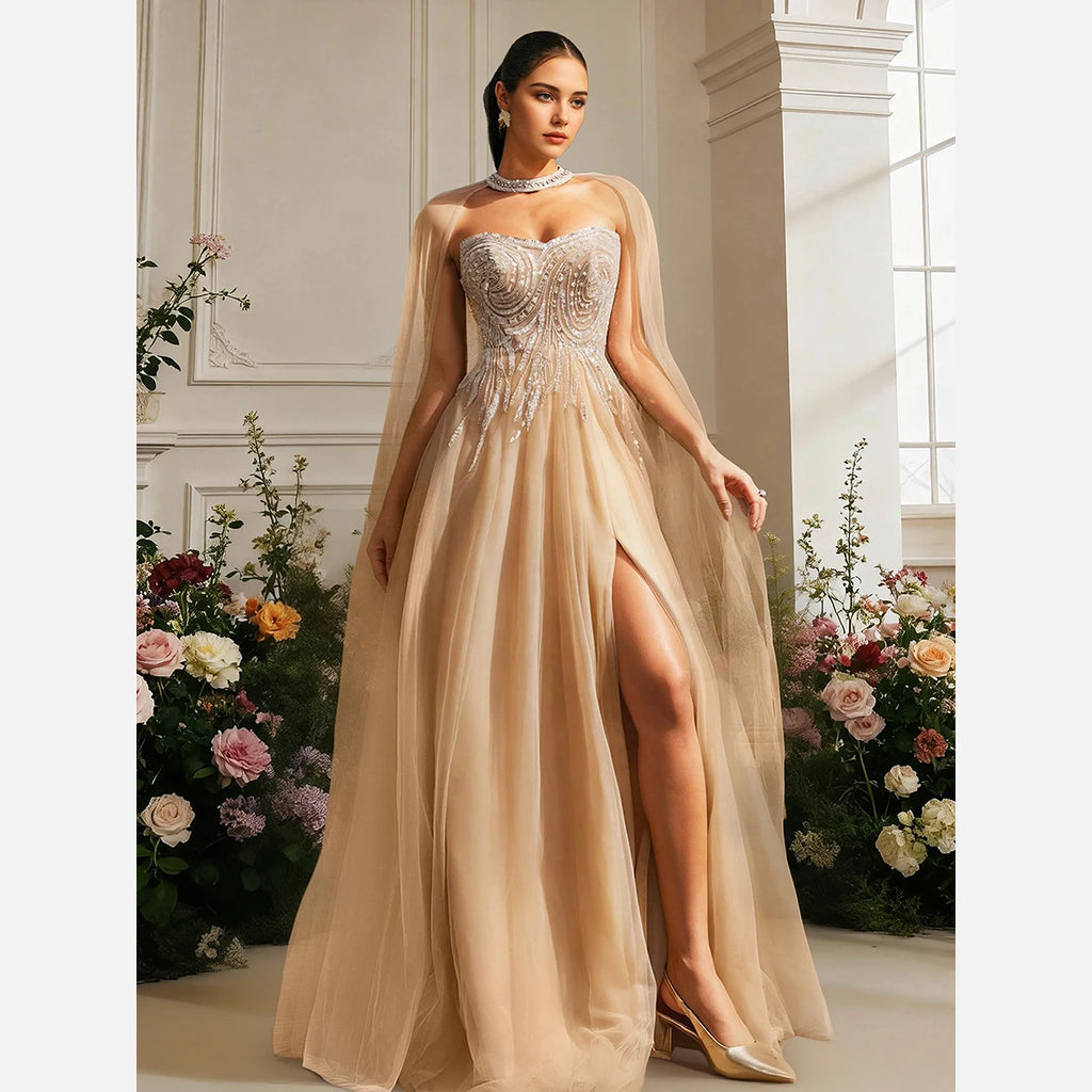 Lou-Robe Princesse Prestige Champagne à Cape de Tulle Perlée
