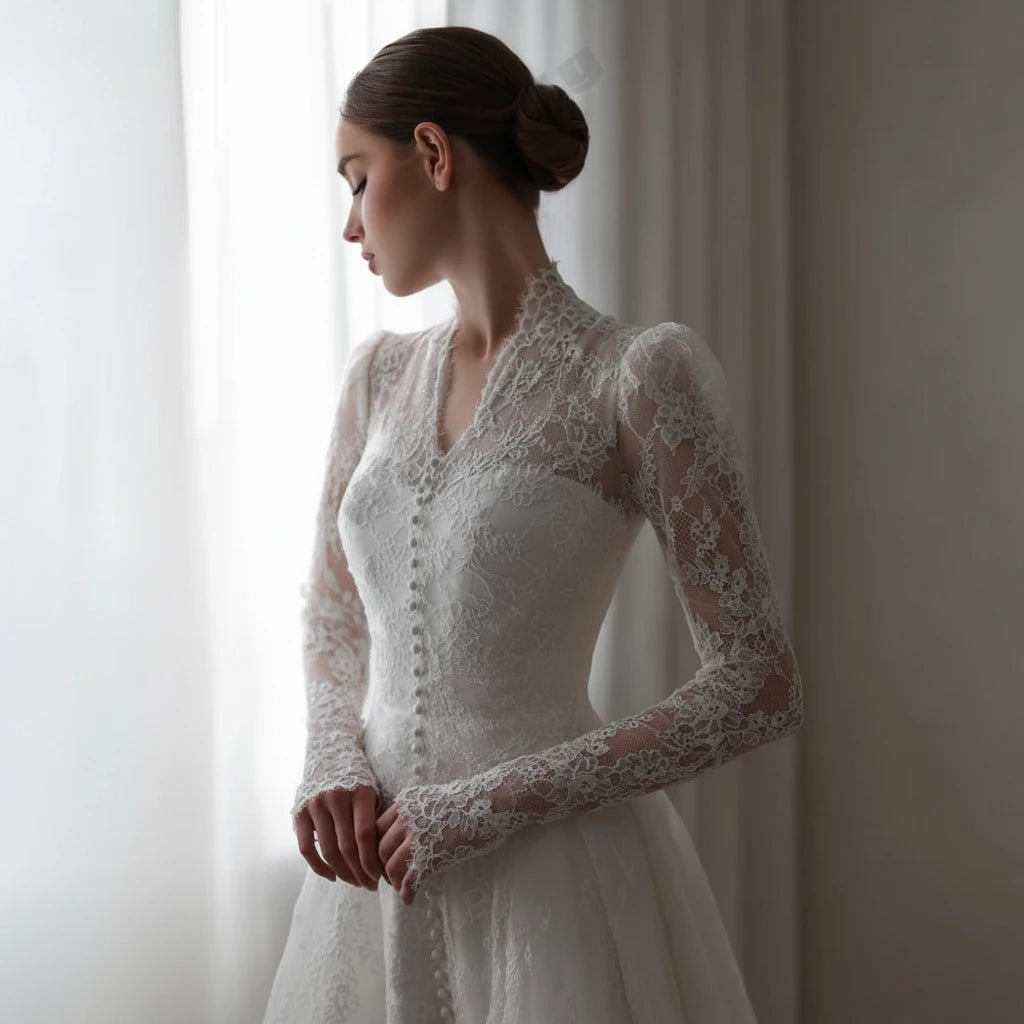 Kate-Robe de mariée princesse à col montant en dentelle et manches longues