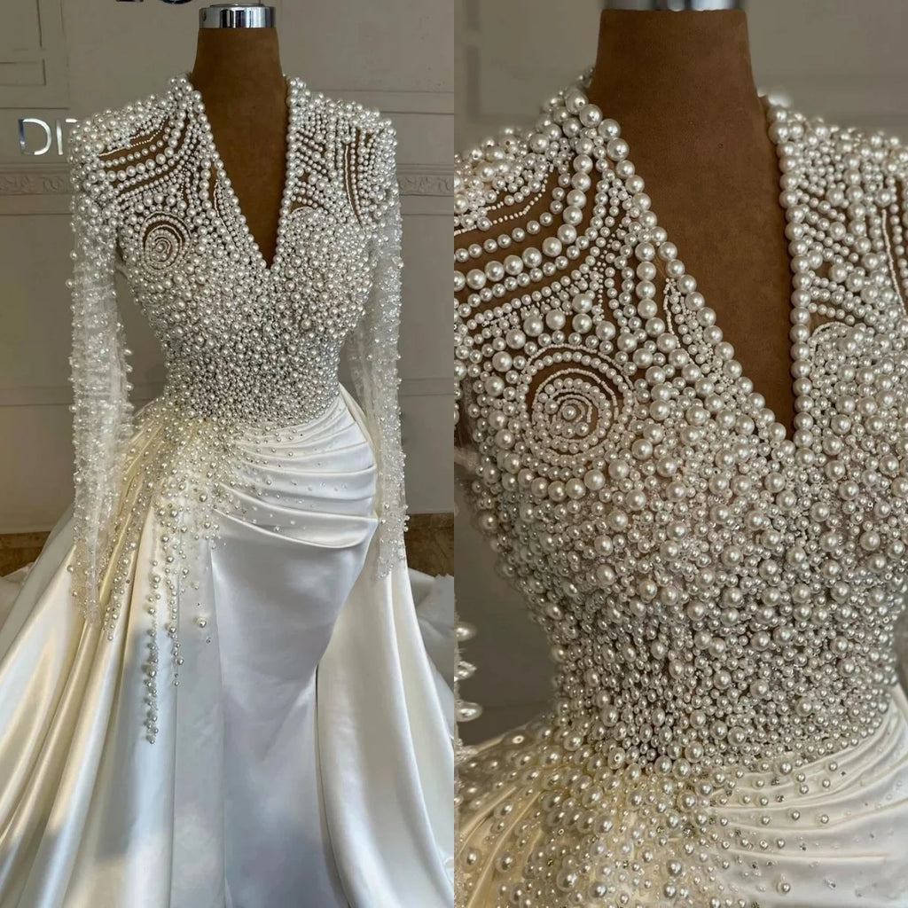 Perlina-Robe de mariée perlée à manches longues avec train amovible, robes de mariée à paillettes, robes éducatives personnalisées, poignées de patients, luxe