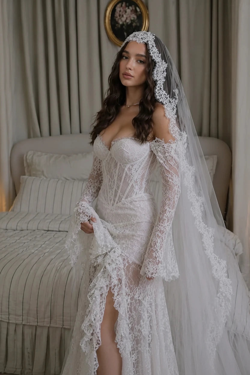 Deva-Robe de mariée sirène en dentelle à épaules dénudées avec manches longues