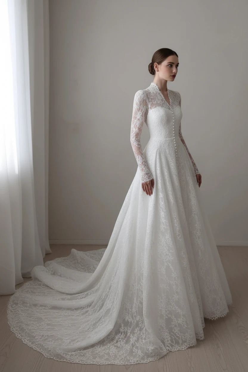 Kate-Robe de mariée princesse à col montant en dentelle et manches longues