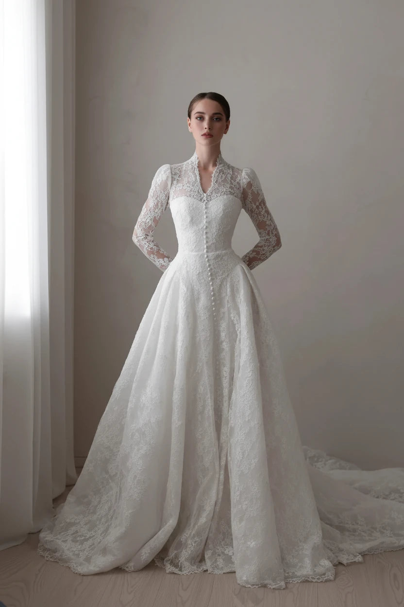 Kate-Robe de mariée princesse à col montant en dentelle et manches longues