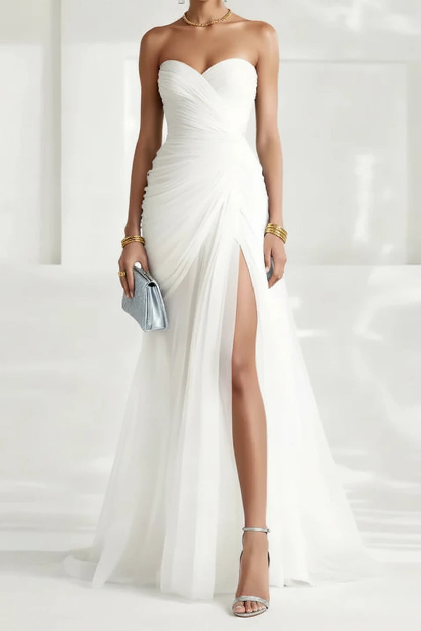 Robe de soirée fendue en tulle à décolleté cœur